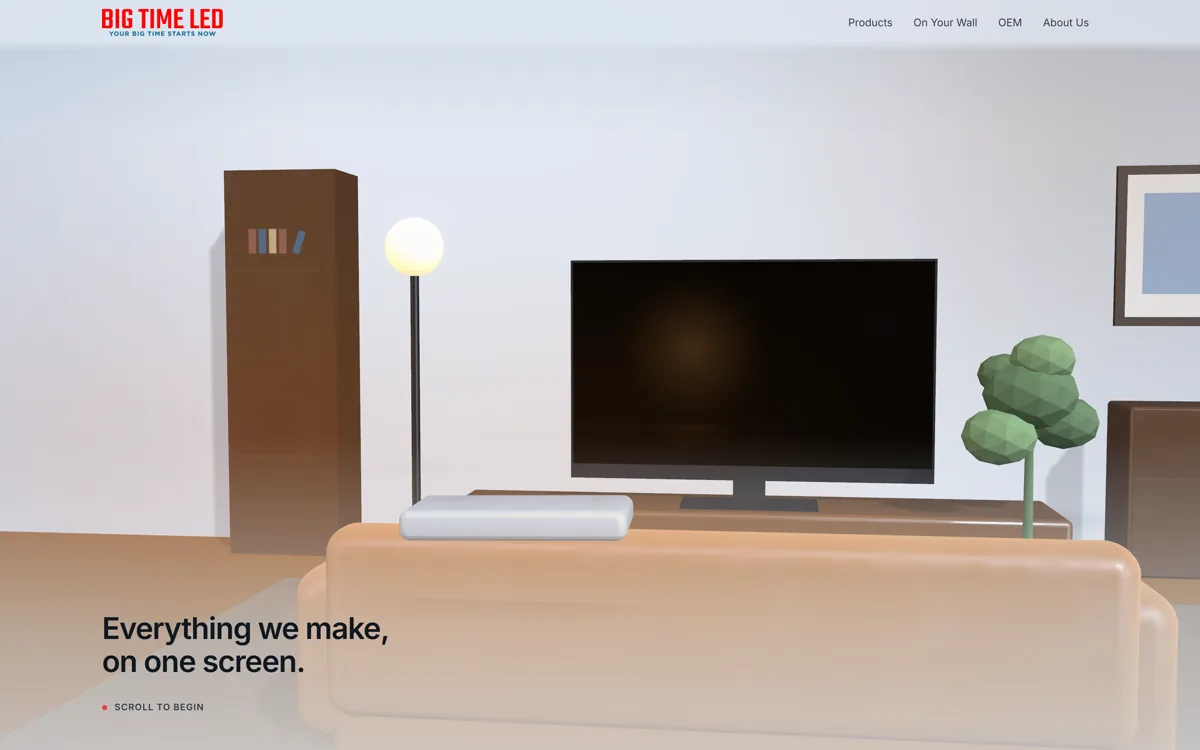 The Big Time LED TV landing page: a 3D living room rendered in the browser, with the television as the centre of the scene.